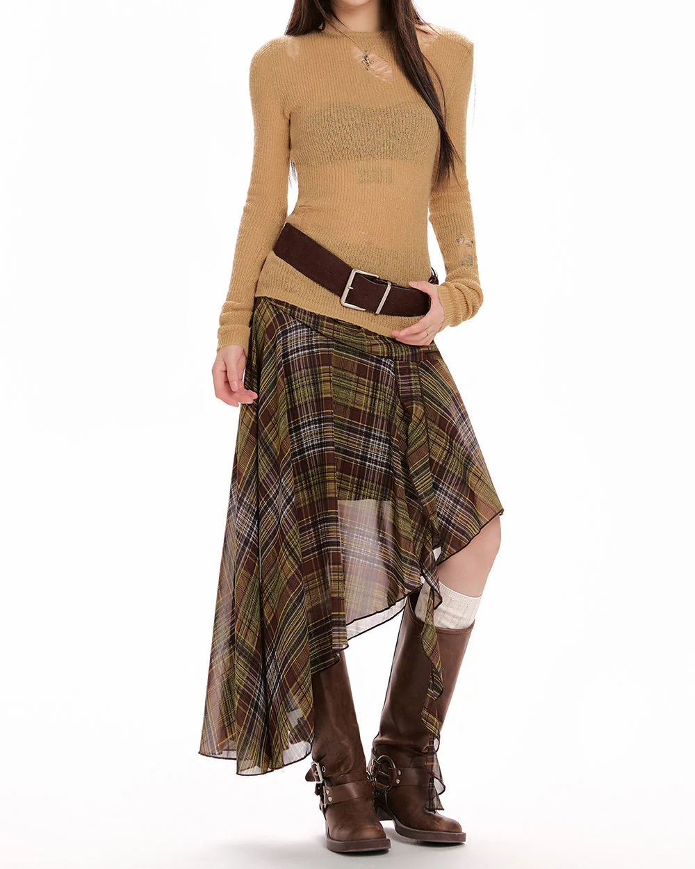 Asymmetrical Plaid Midi Skirt - Image 5