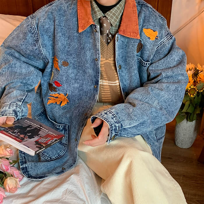 Autumn Leaves Embroidery Denim Jacket - Image 5