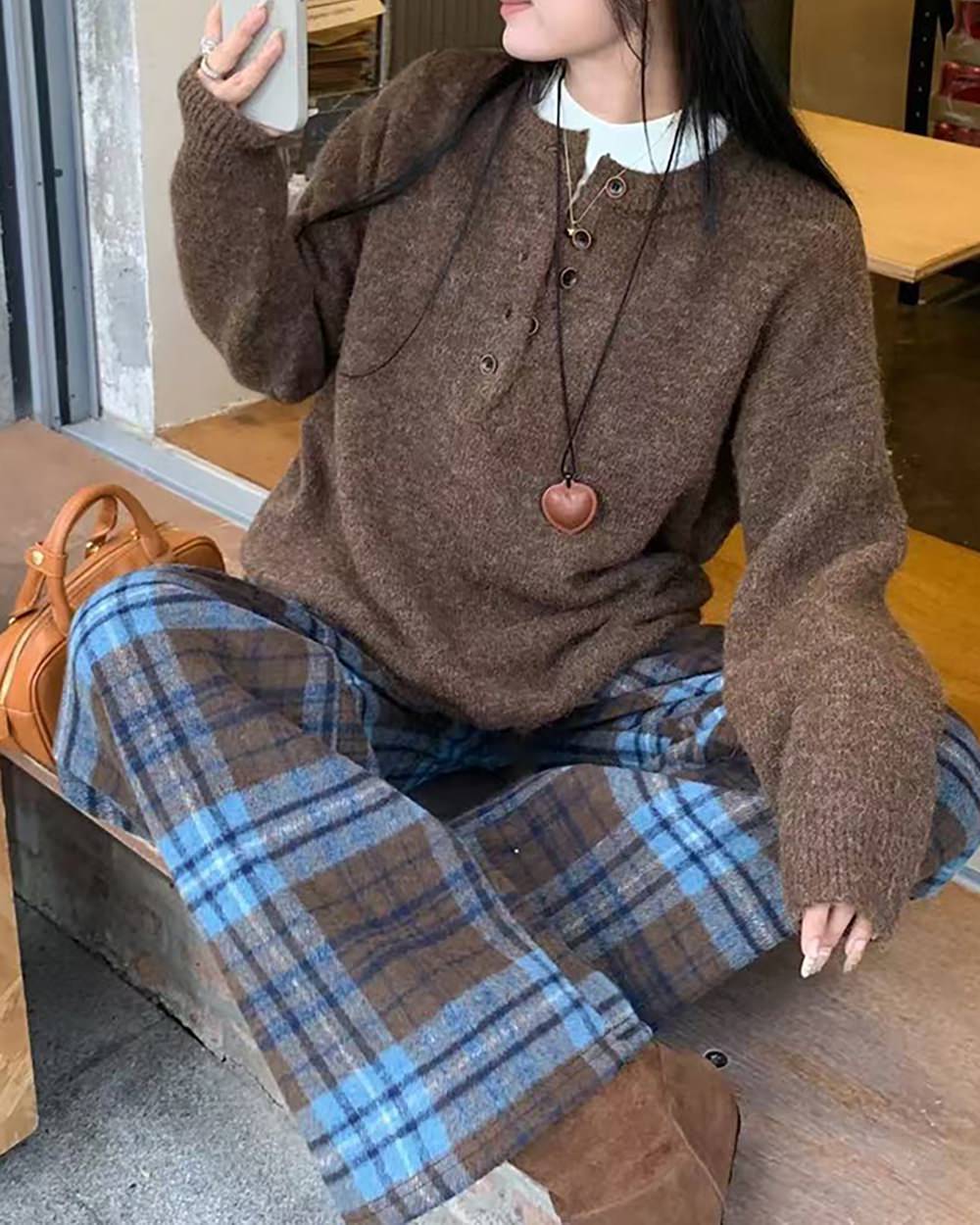 Autumn Study Vintage Plaid Wide Leg Pants - Image 3