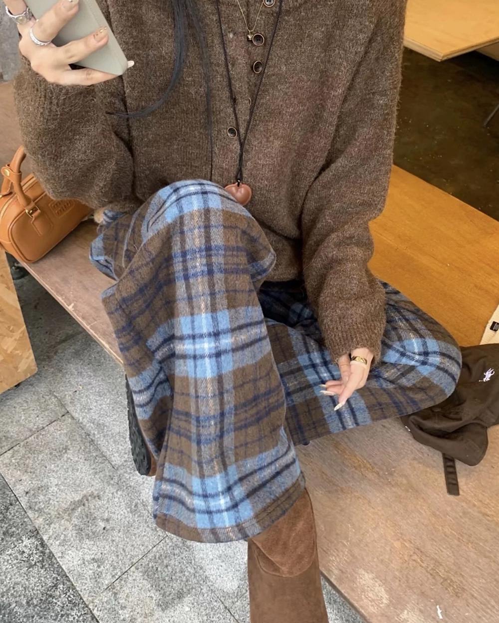 Autumn Study Vintage Plaid Wide Leg Pants - Image 5