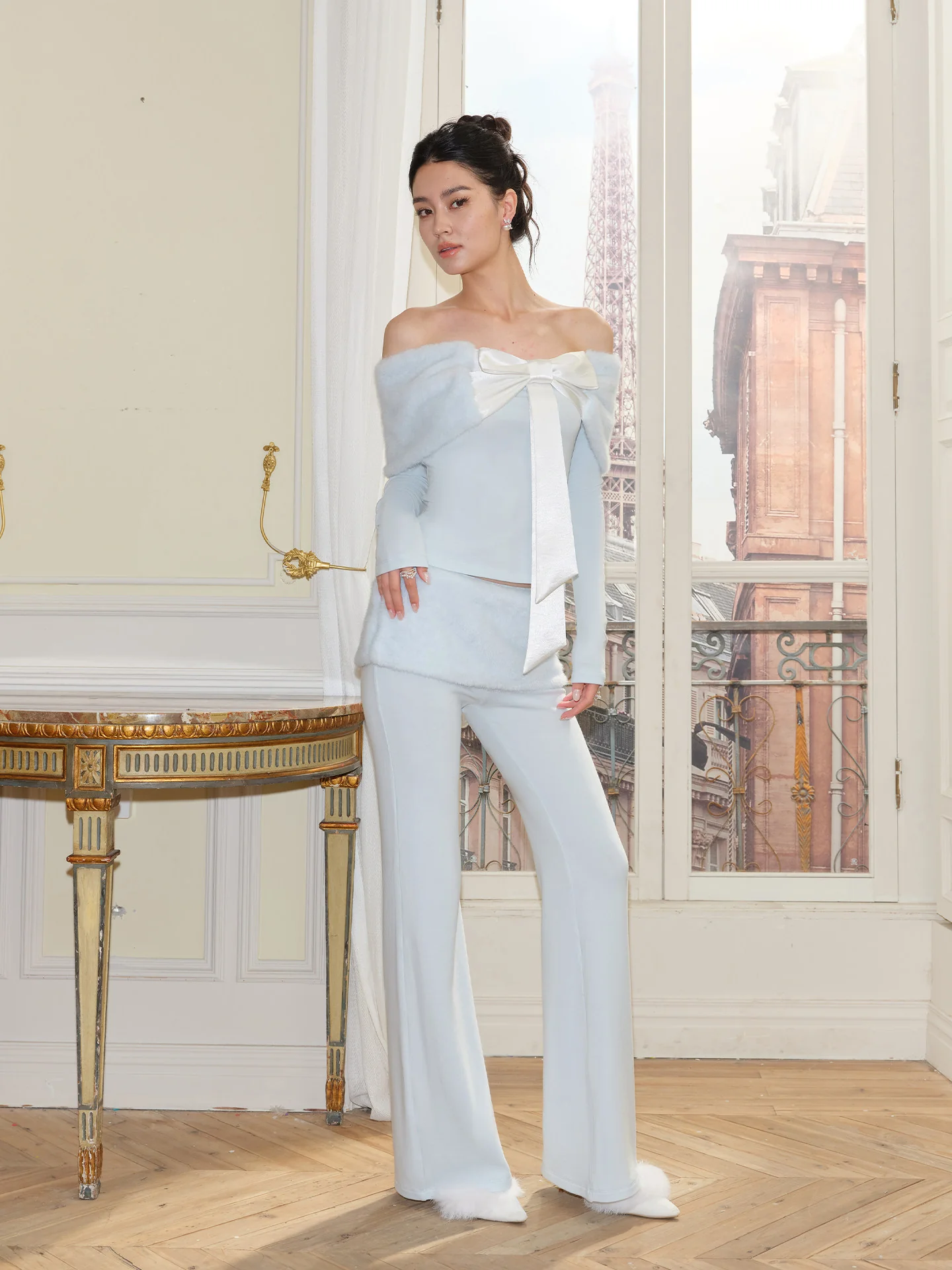baby blue bow long-sleeved top coord - Image 2