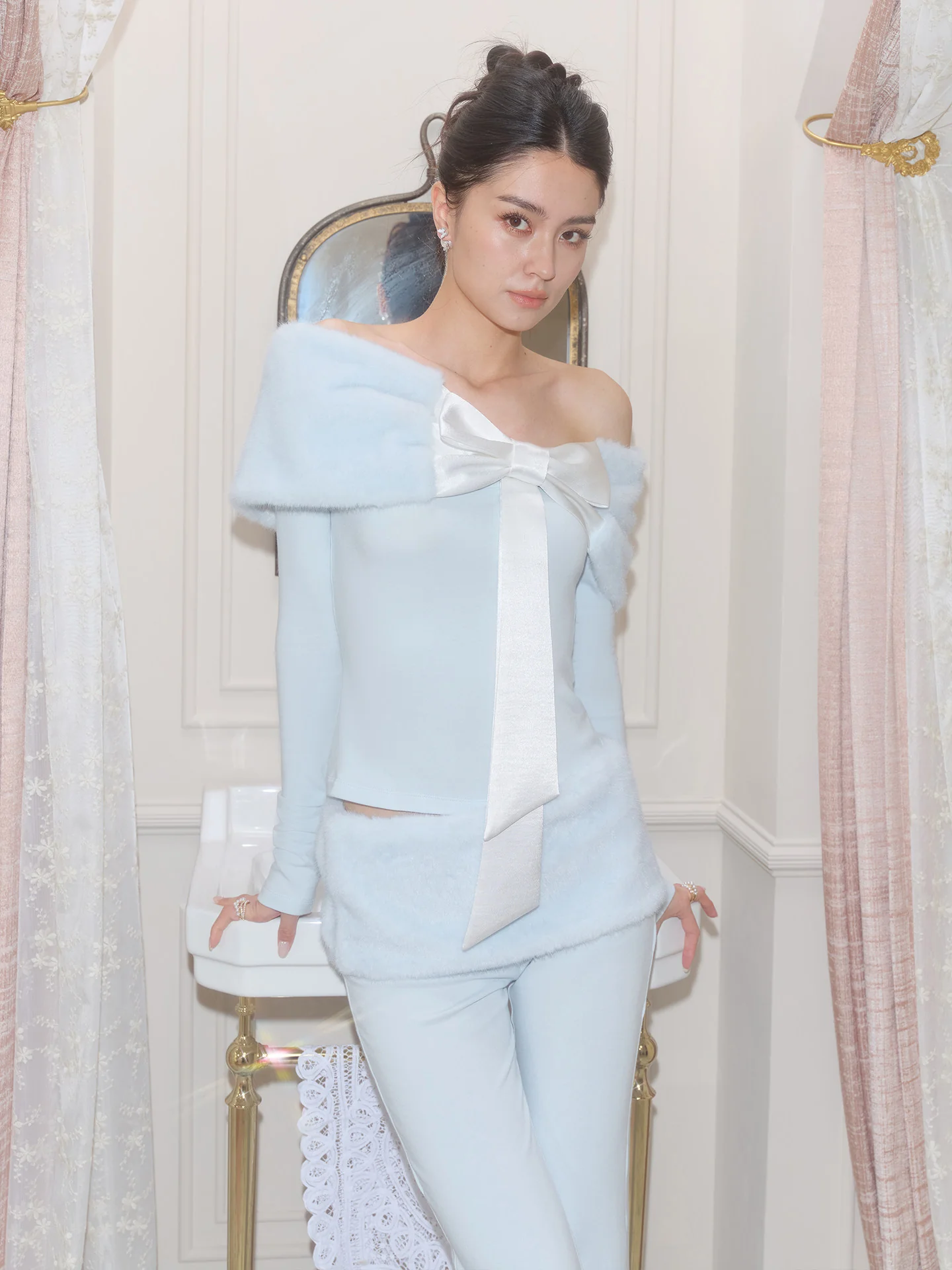 baby blue bow long-sleeved top coord - Image 5