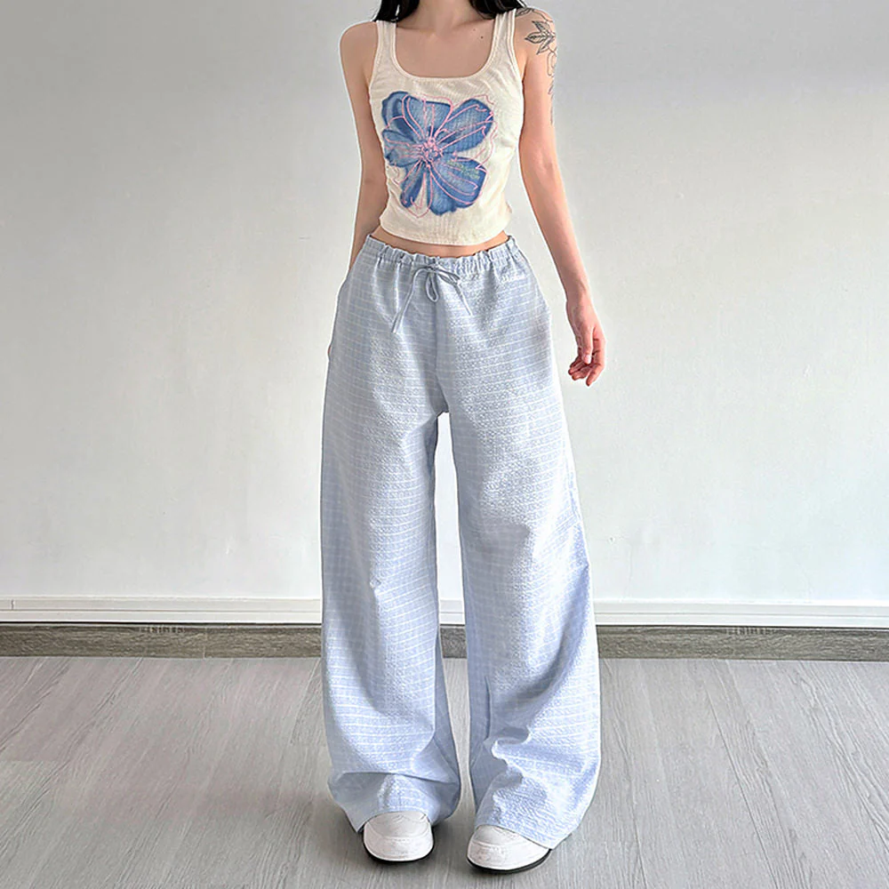 Baby Blue Gingham Wide-Leg Pants - Image 2