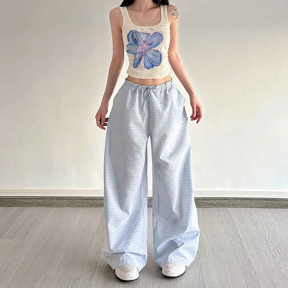 Baby Blue Gingham Wide-Leg Pants - Image 3