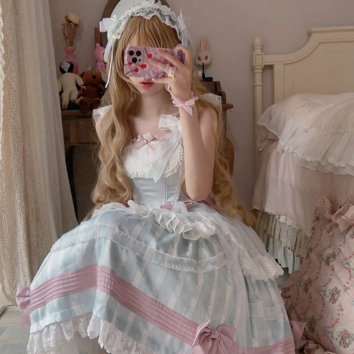 Baby Blue Mesh Pink Bow Lolita Dress - Image 13