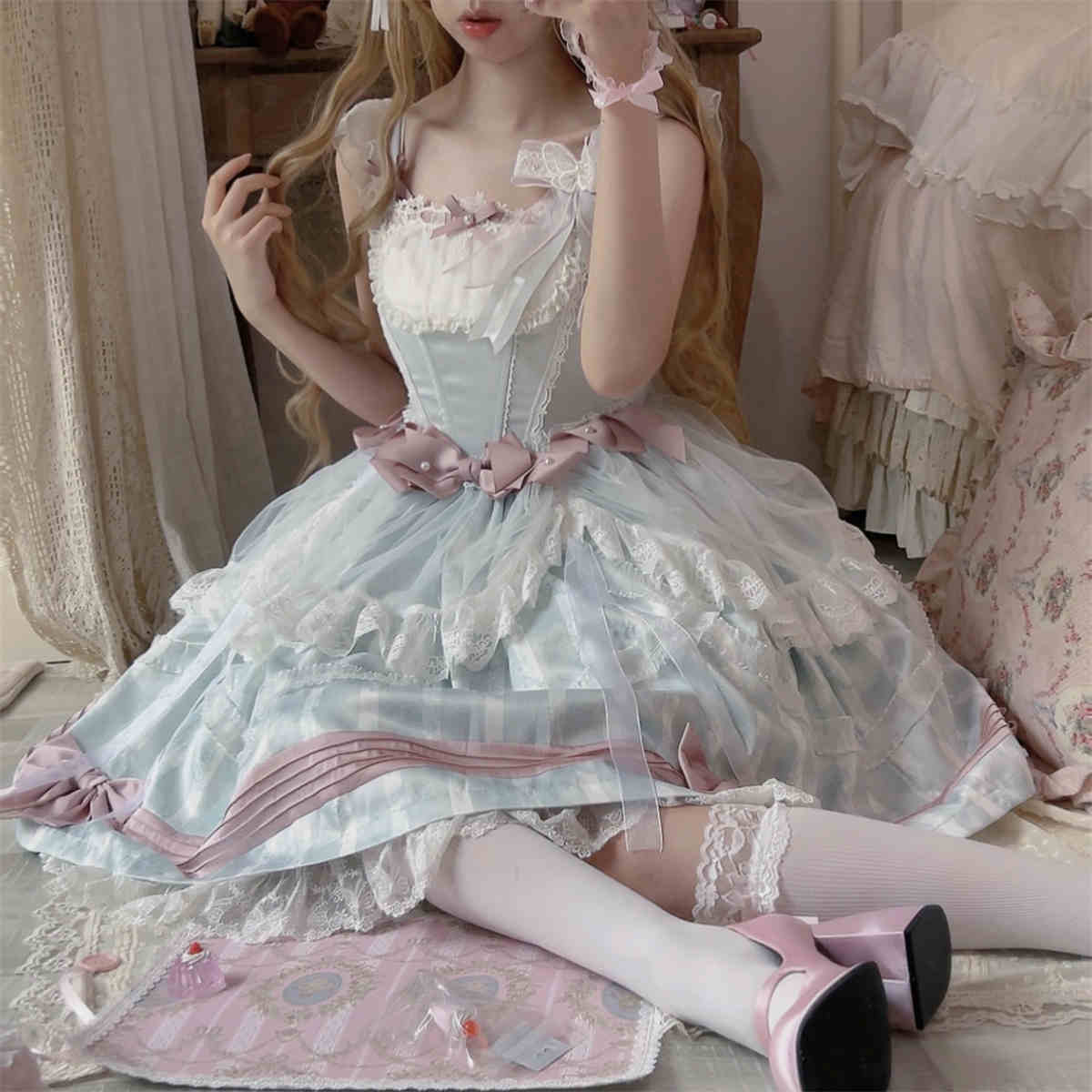 Baby Blue Mesh Pink Bow Lolita Dress - Image 14