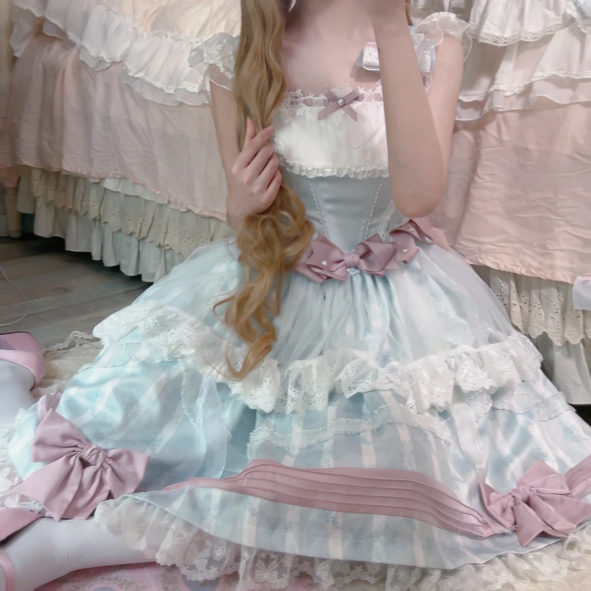 Baby Blue Mesh Pink Bow Lolita Dress - Image 2