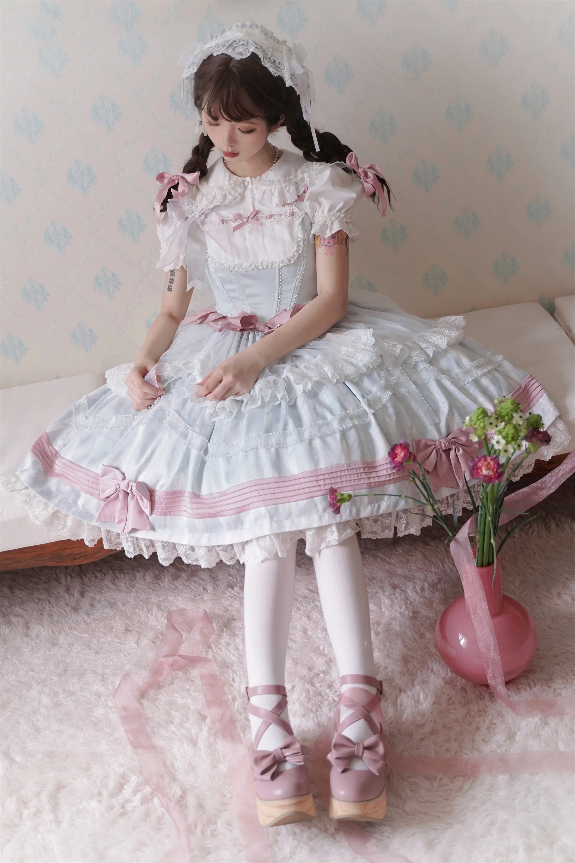 Baby Blue Mesh Pink Bow Lolita Dress - Image 3