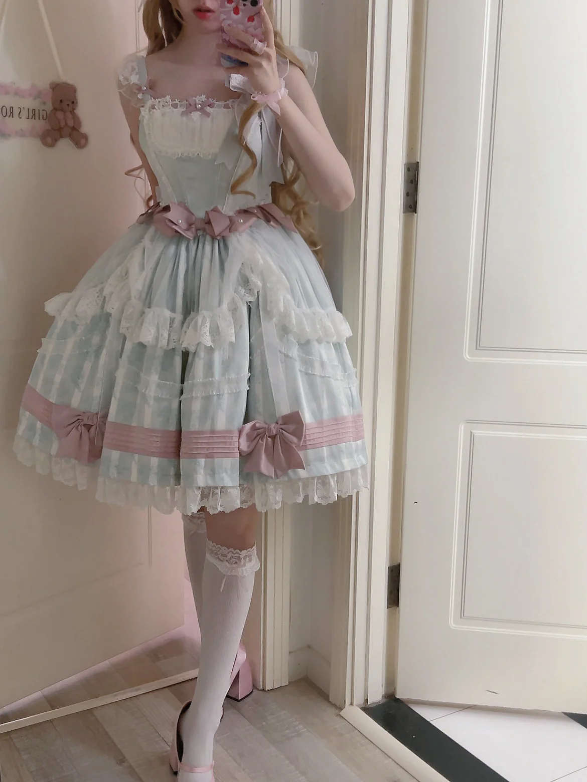 Baby Blue Mesh Pink Bow Lolita Dress - Image 5