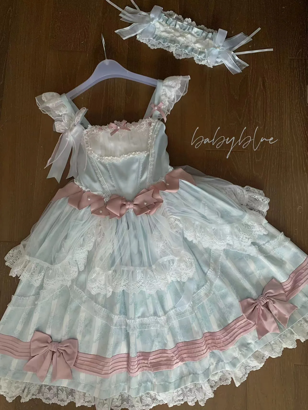 Baby Blue Mesh Pink Bow Lolita Dress - Image 7
