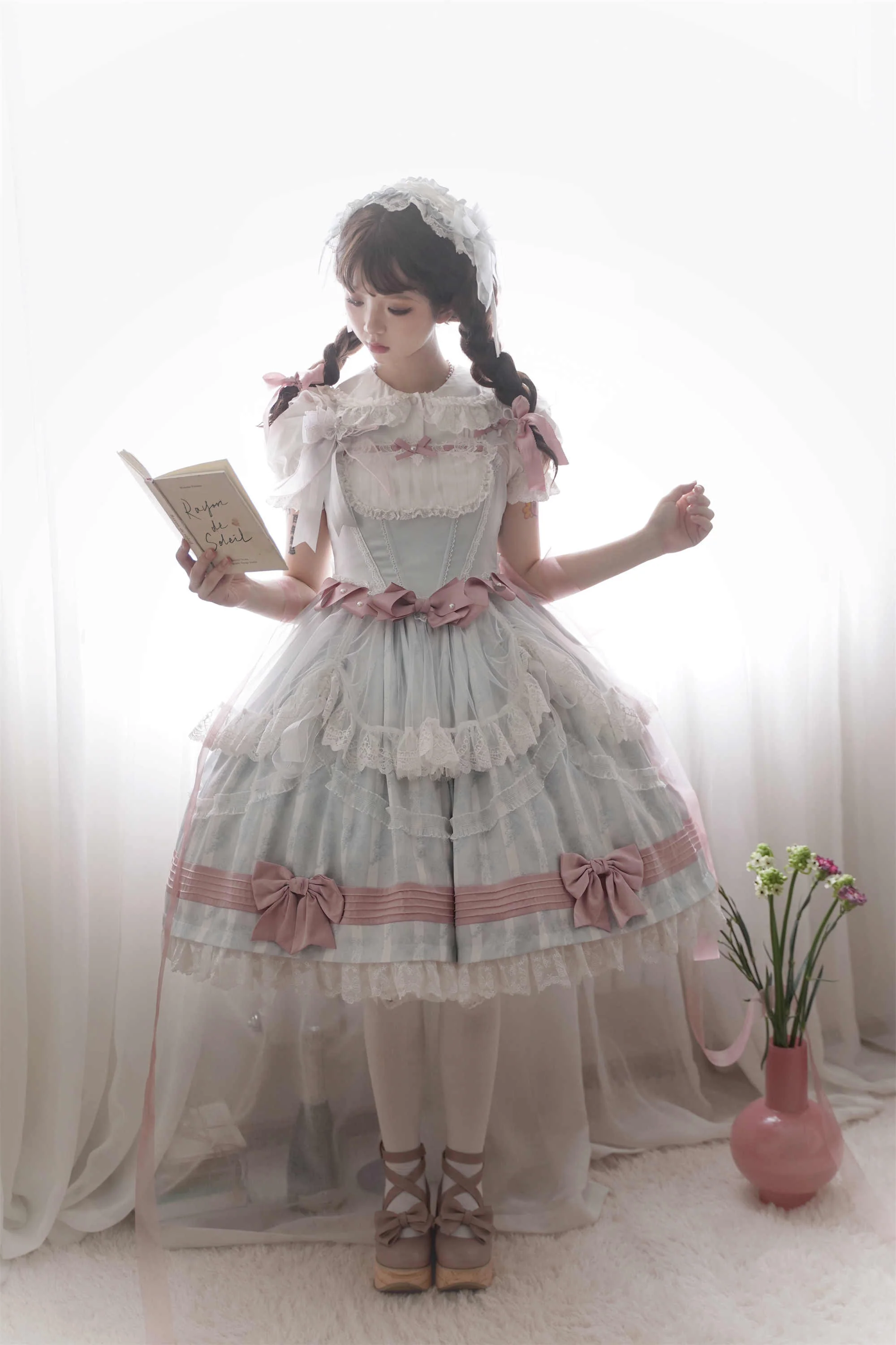 Baby Blue Mesh Pink Bow Lolita Dress - Image 8