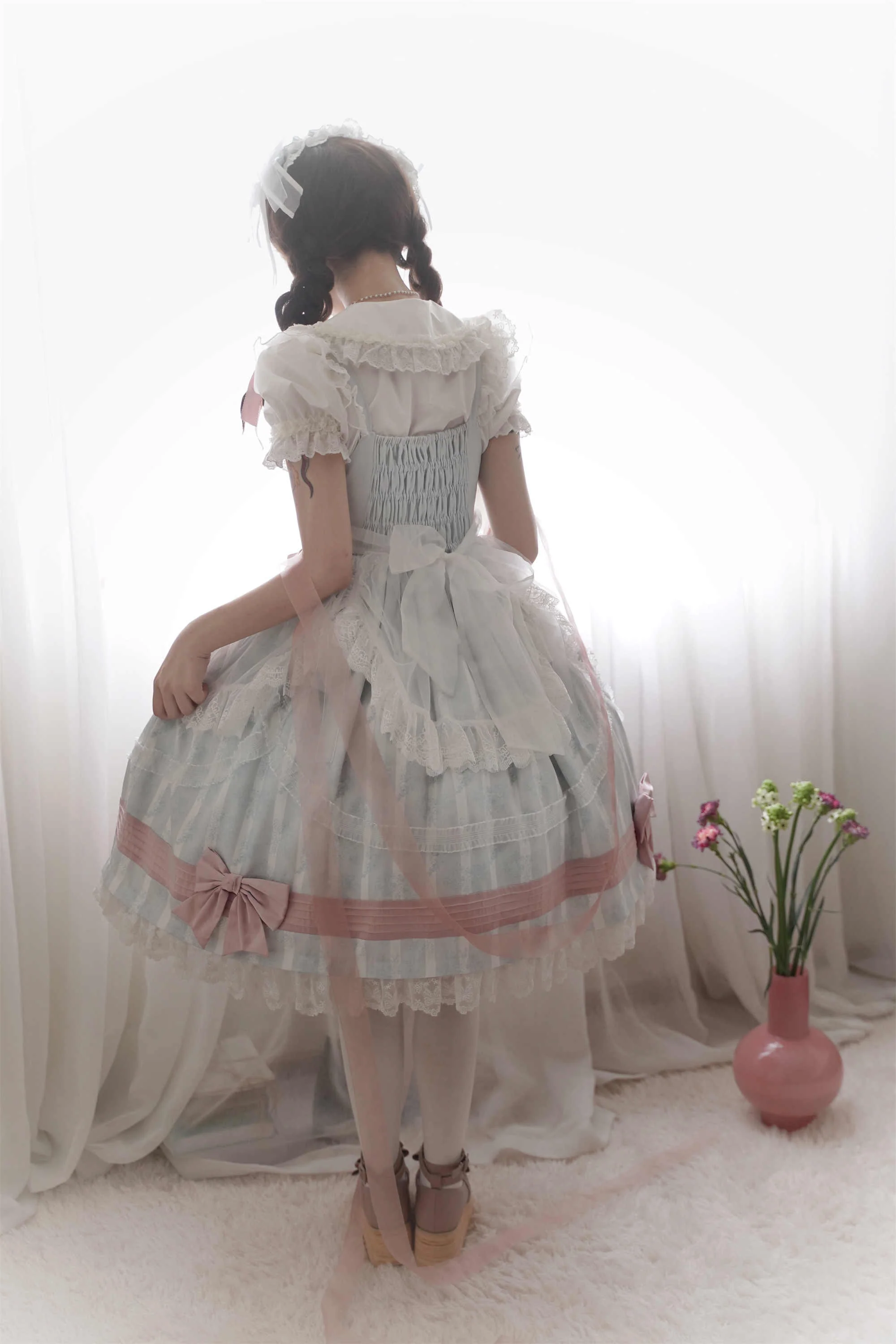 Baby Blue Mesh Pink Bow Lolita Dress - Image 9