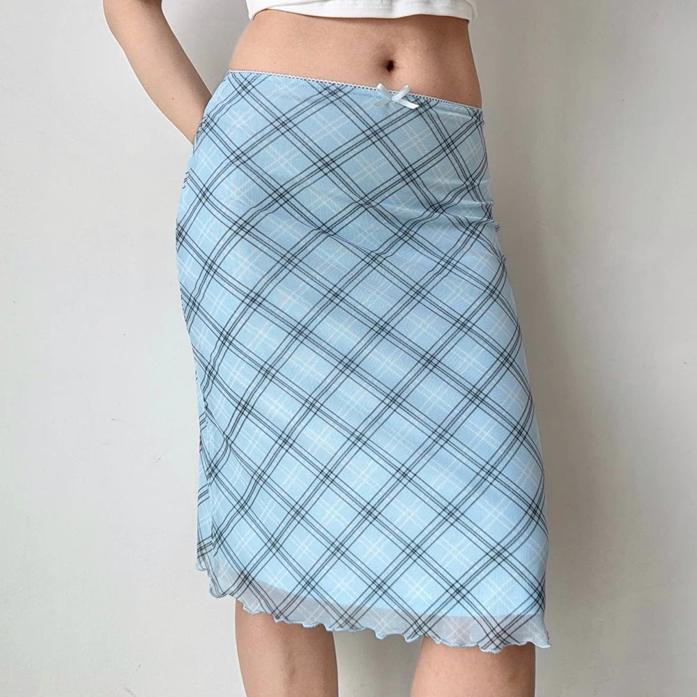 Baby Blue Plaid Midi Skirt - Image 3