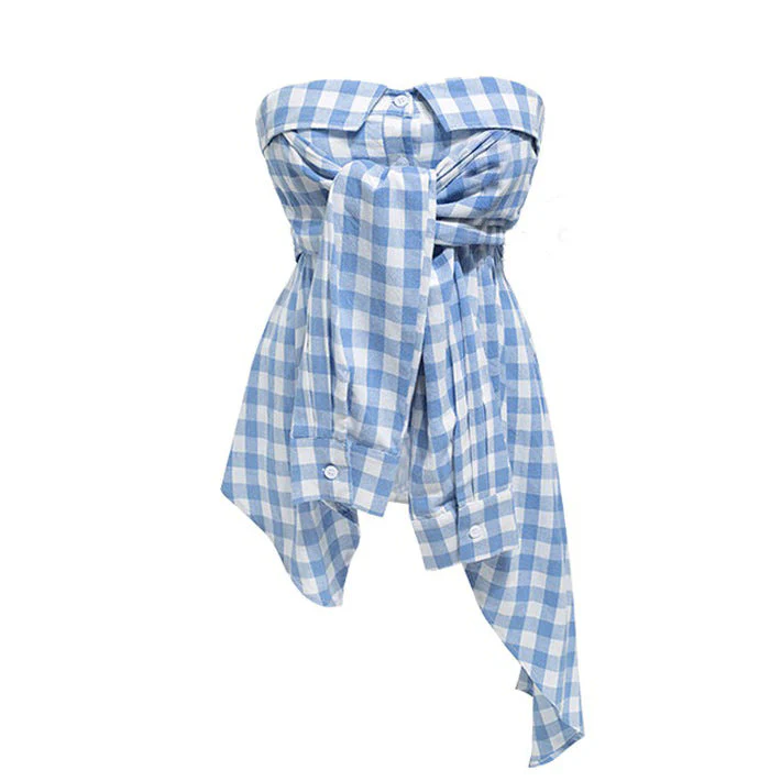 Baby Blue Plaid Off Shoulder Shirt - Image 10