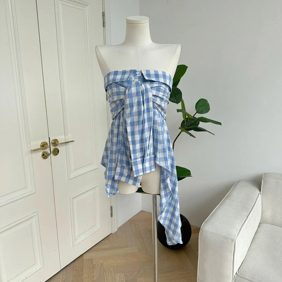 Baby Blue Plaid Off Shoulder Shirt - Image 3