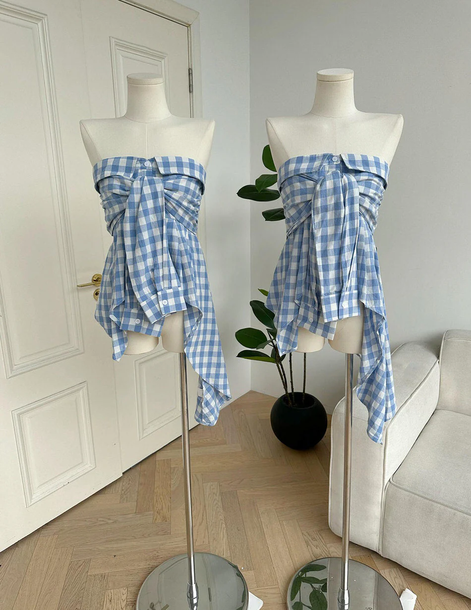 Baby Blue Plaid Off Shoulder Shirt - Image 4