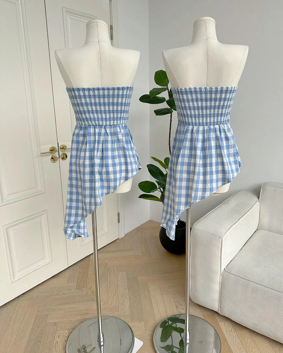 Baby Blue Plaid Off Shoulder Shirt - Image 5