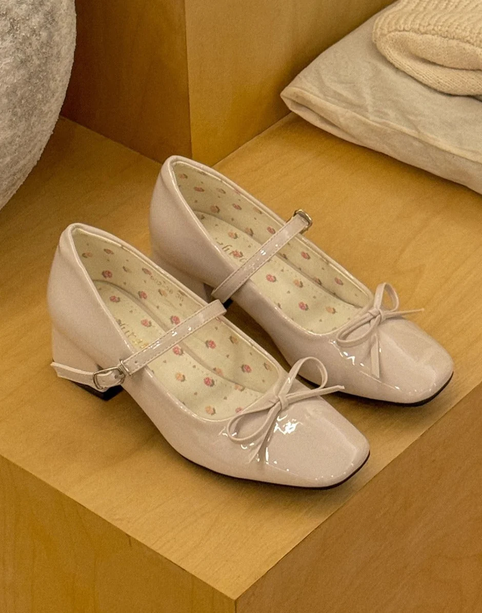 Ballet Girl Leather Thick Heel Shoes - Image 4