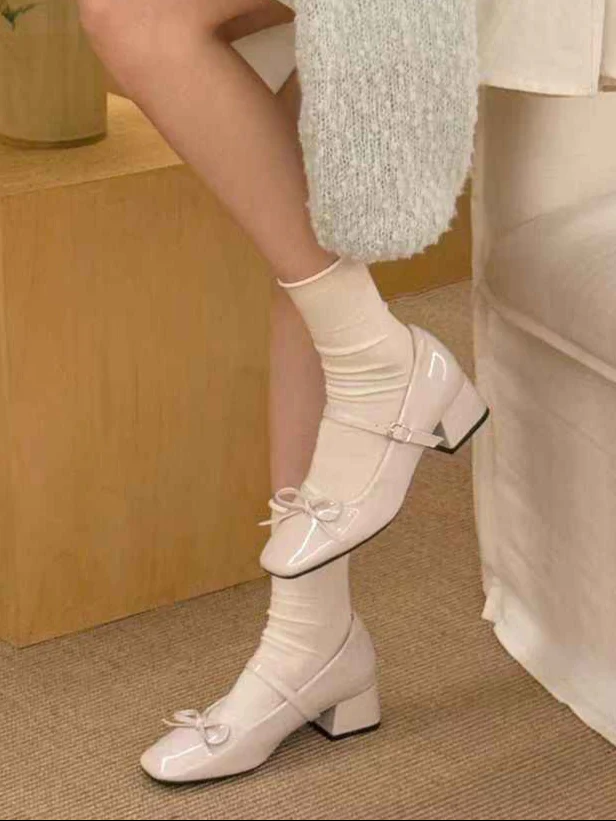 Ballet Girl Leather Thick Heel Shoes - Image 9