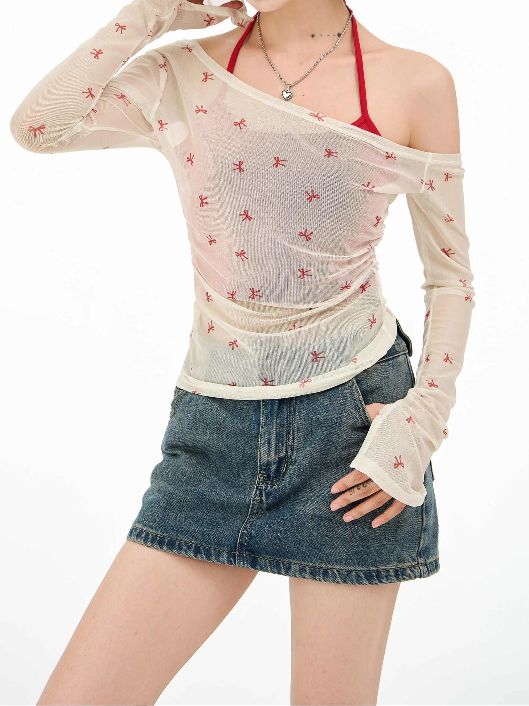 Ballet Red Bows Mesh Long-sleeved Top - Image 3