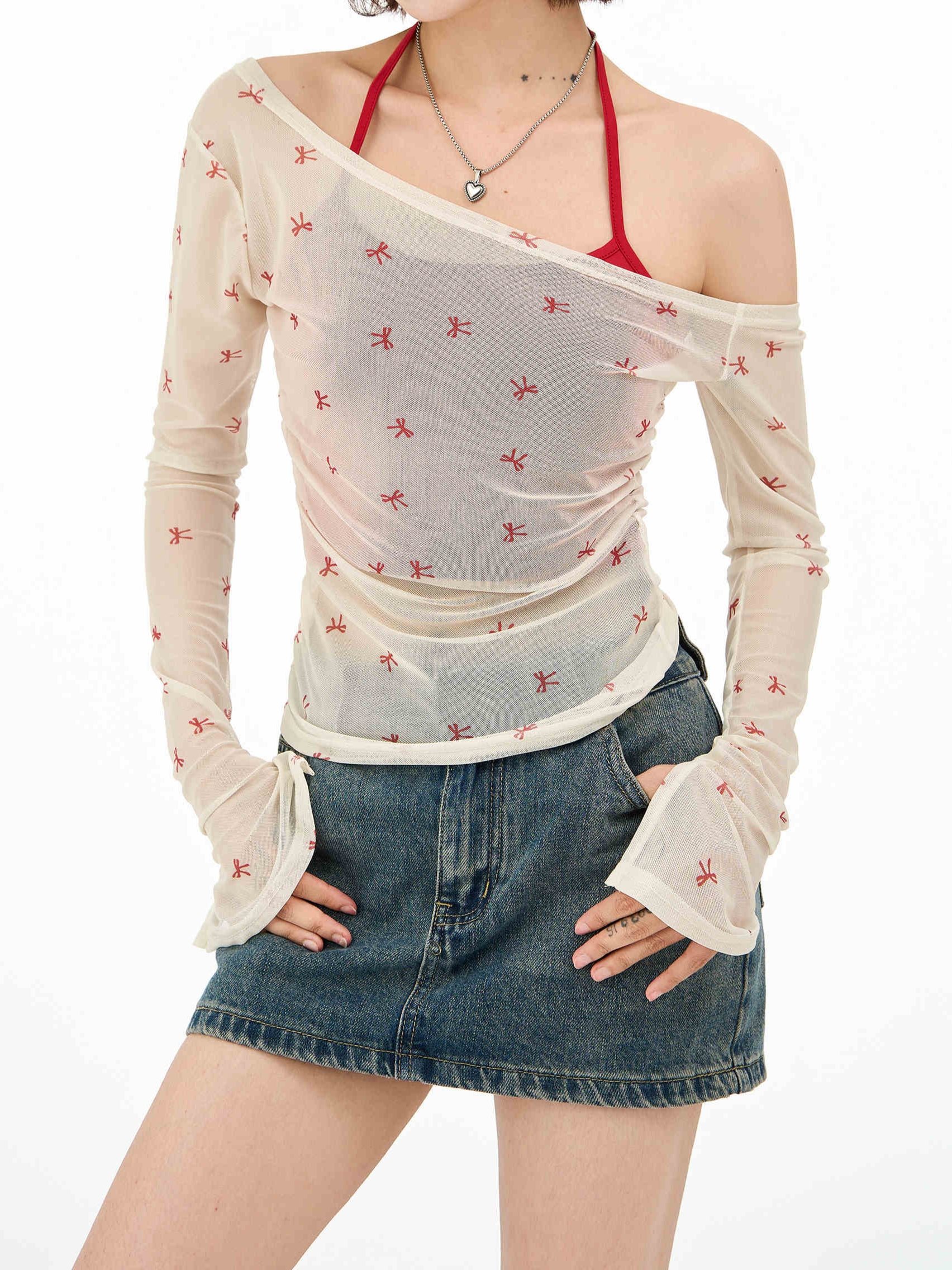 Ballet Red Bows Mesh Long-sleeved Top - Image 5