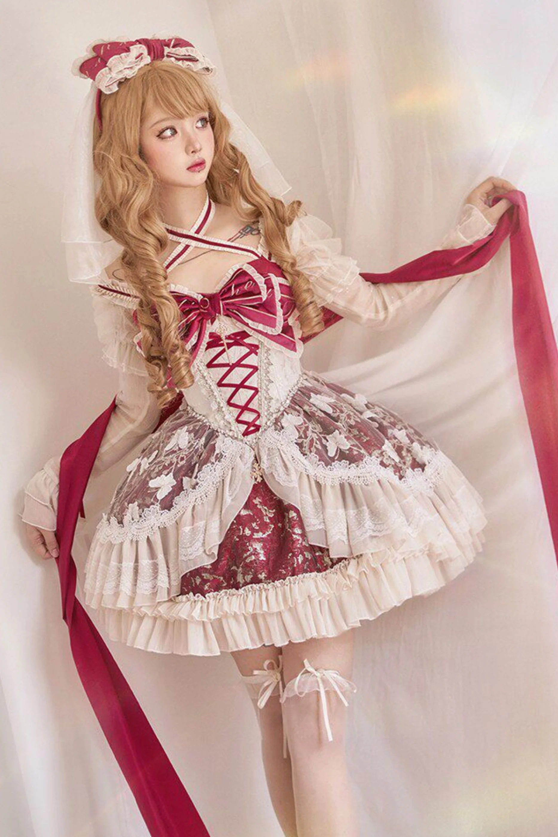 Sweet Baroque Lolita Dress + Veil + Ribbon + Headband + Tail + Sleeves - Image 12