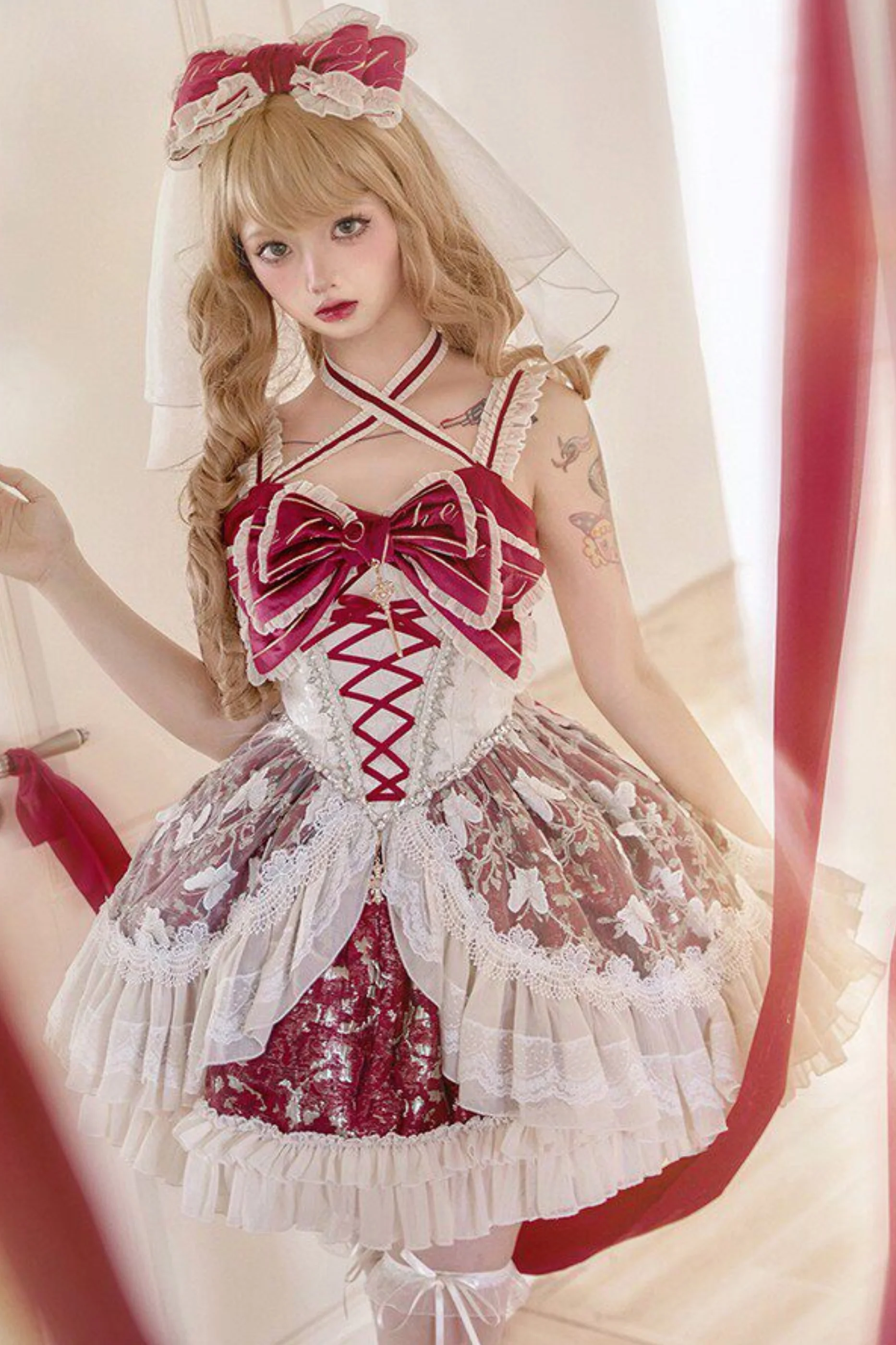 Sweet Baroque Lolita Dress + Veil + Ribbon + Headband + Tail + Sleeves - Image 3