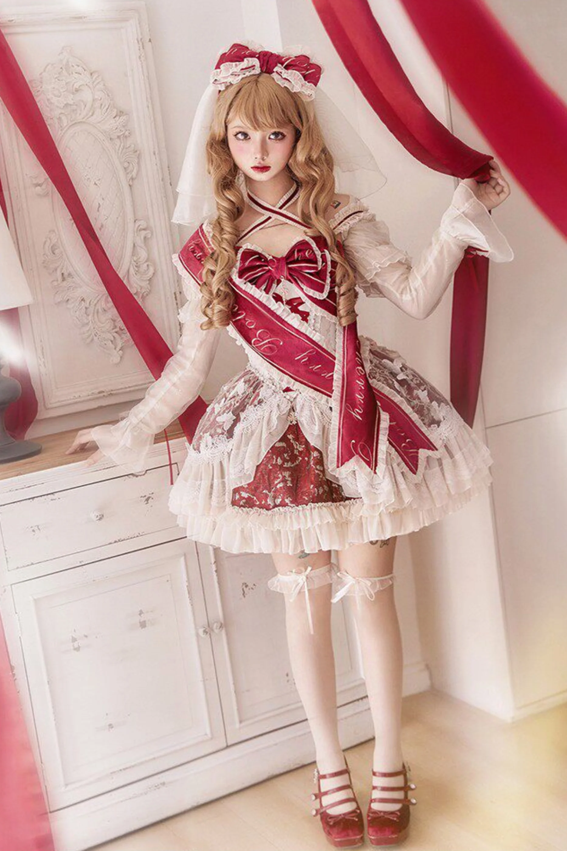 Sweet Baroque Lolita Dress + Veil + Ribbon + Headband + Tail + Sleeves - Image 9