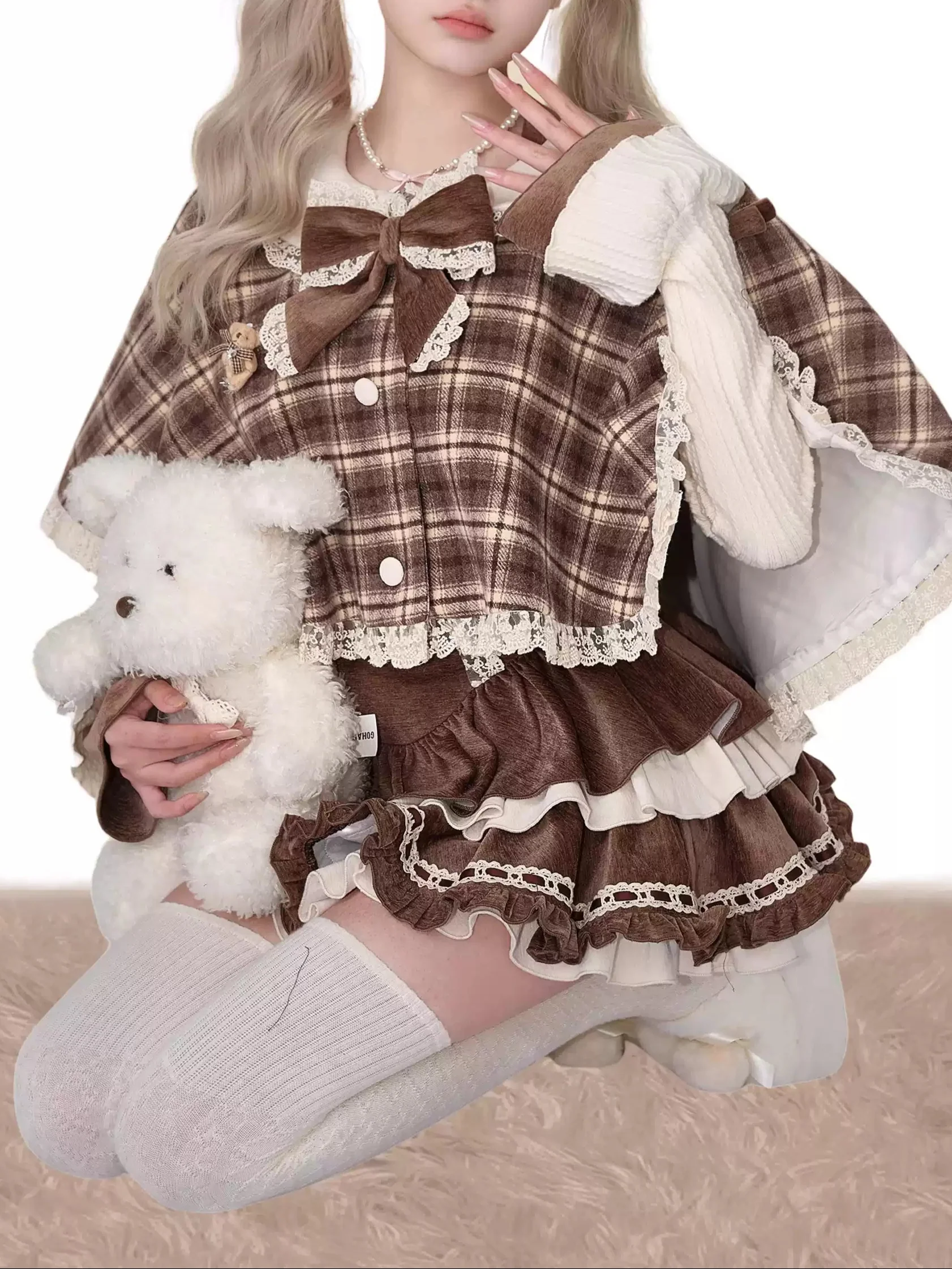 Bear Mousse Winter Cape + Little Cake Suspender Skirt + Knitted Top - Image 3