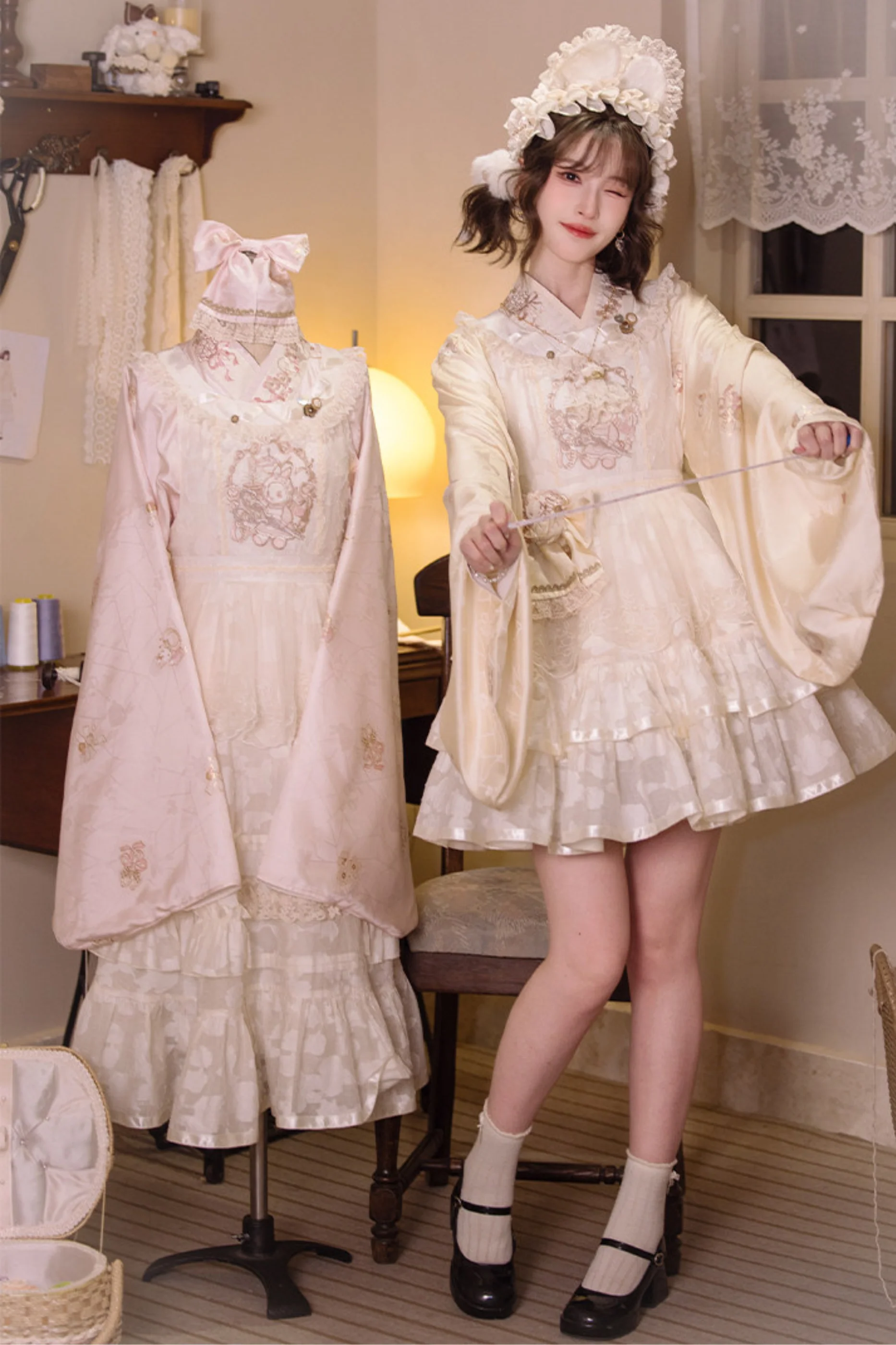 Chinese Pastel Top + Apron + Bow + Necklace + Brooch + Hair Accessories - Image 11