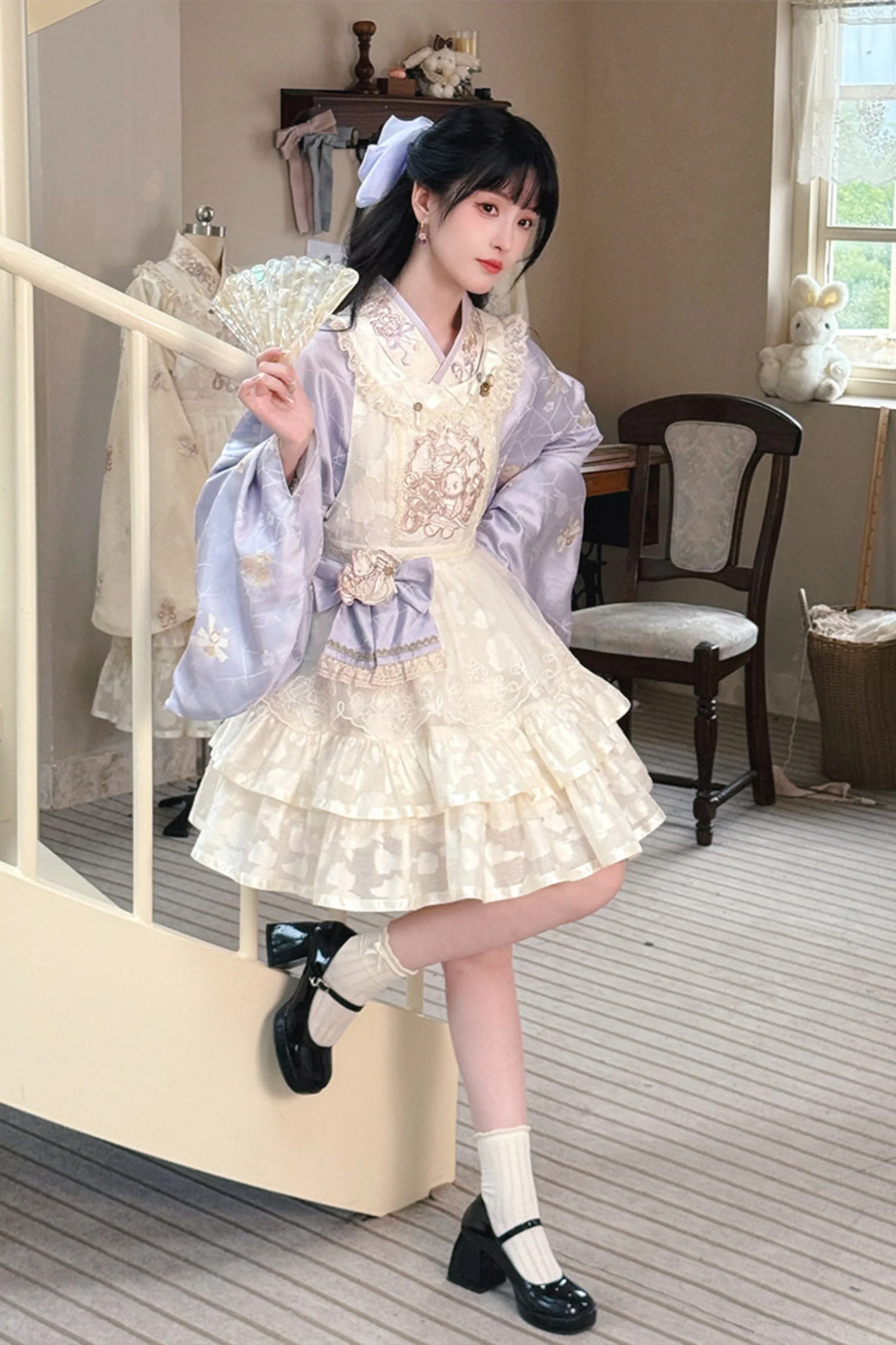 Chinese Pastel Top + Apron + Bow + Necklace + Brooch + Hair Accessories - Image 3