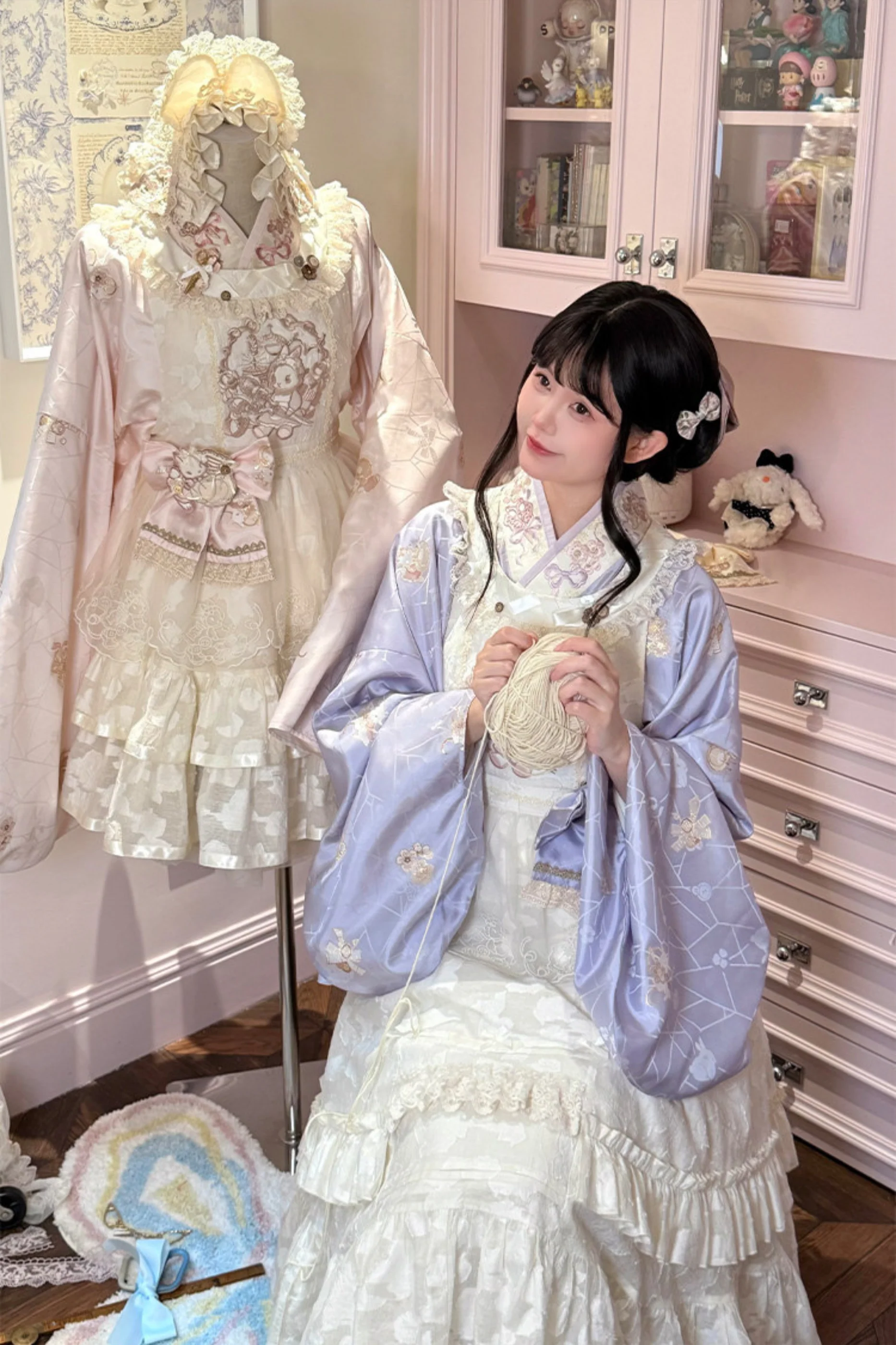 Chinese Pastel Top + Apron + Bow + Necklace + Brooch + Hair Accessories - Image 4