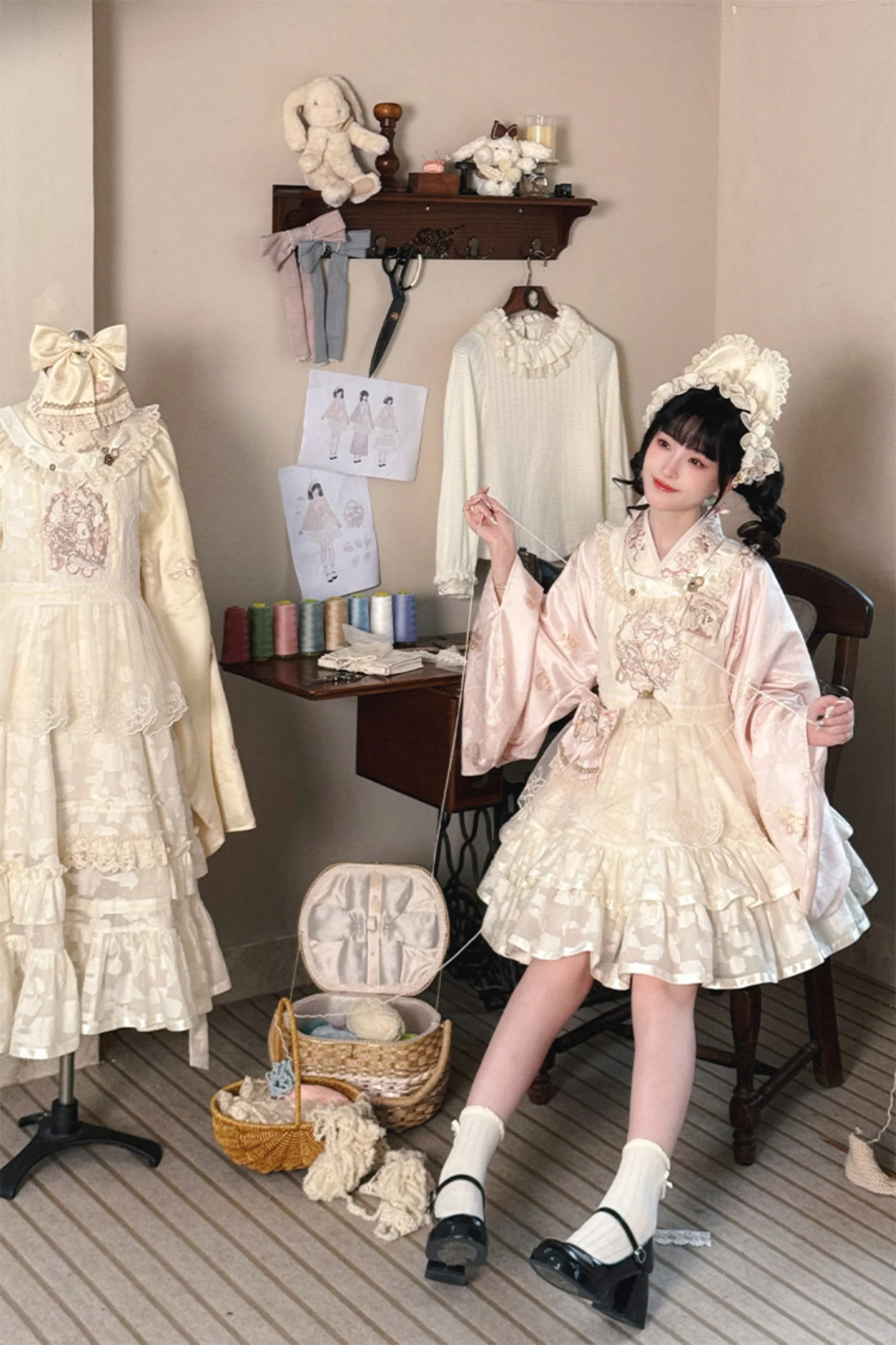 Chinese Pastel Top + Apron + Bow + Necklace + Brooch + Hair Accessories - Image 6