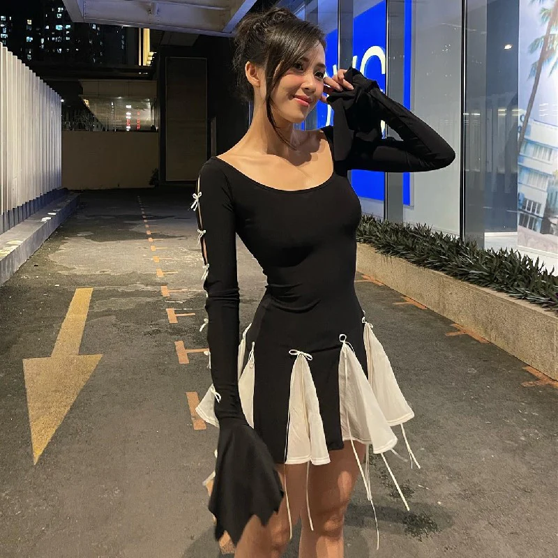 Bell Sleeves Ruffled Dark Coquette Dress