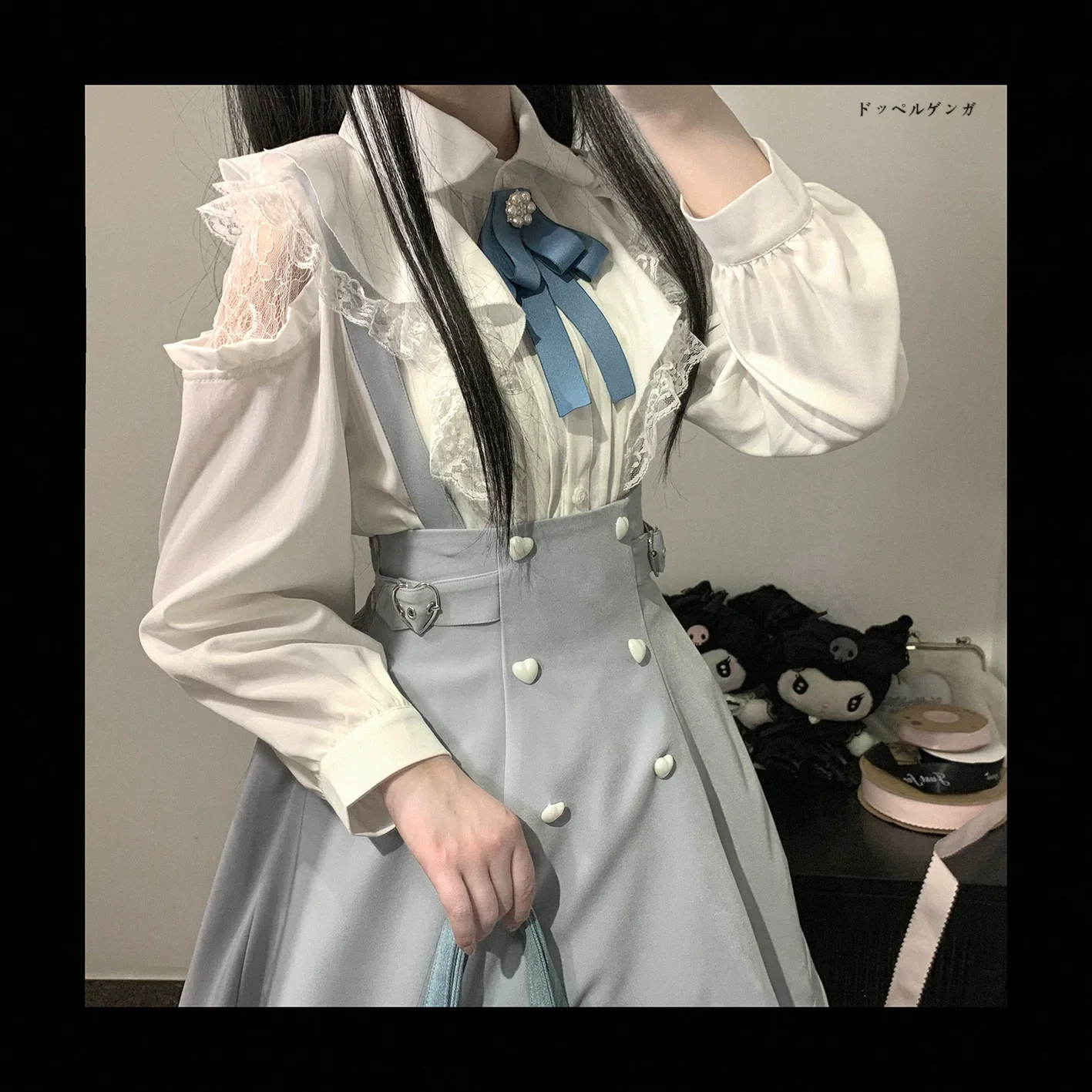 Jirai Kei Shoulder Open Ruffle Lace Long Sleeve Blouse - Image 3