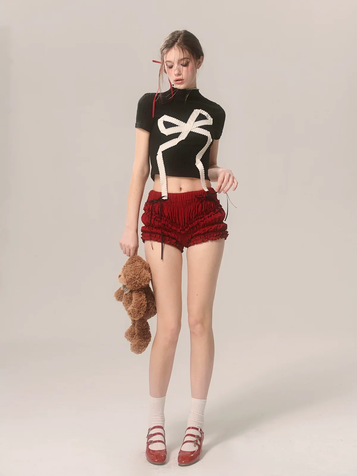 Big Ribbon American Sweet Short High Neck T-Shirt - Image 7