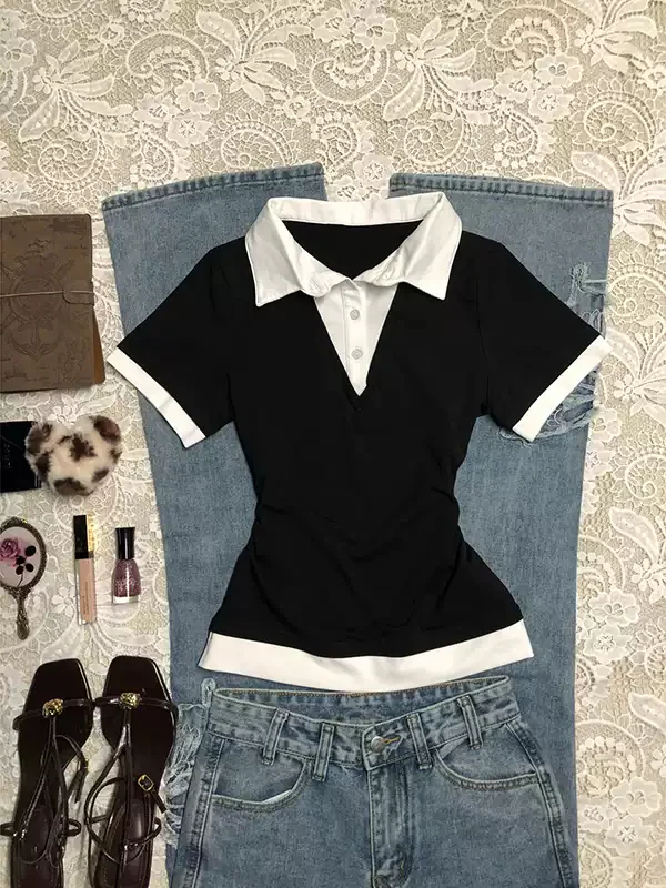 black and white contrast collar shirt