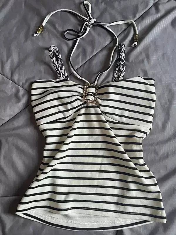 Black and white striped twist camisole