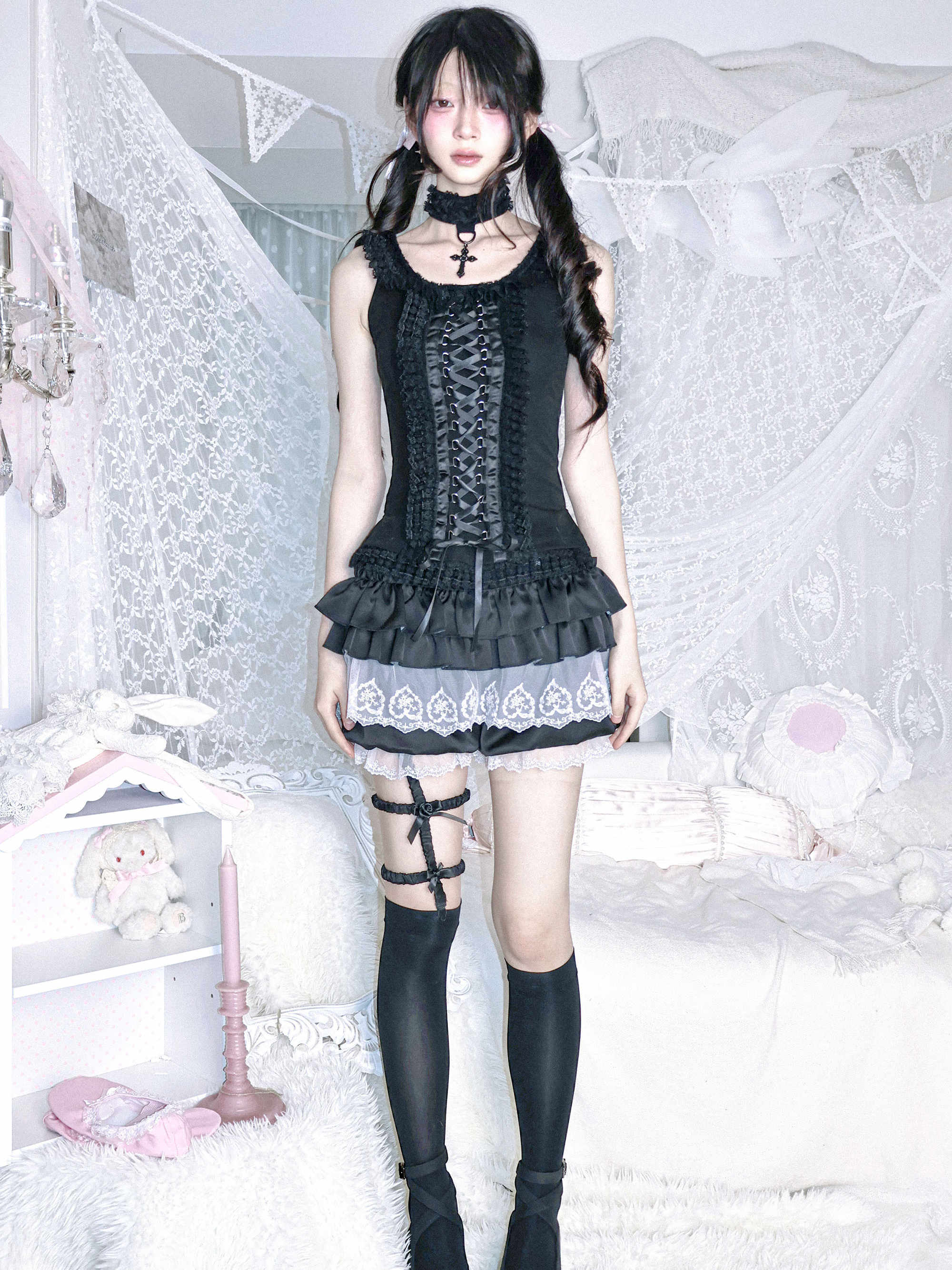 Black and White Two-color Straps Shirt - Image 3