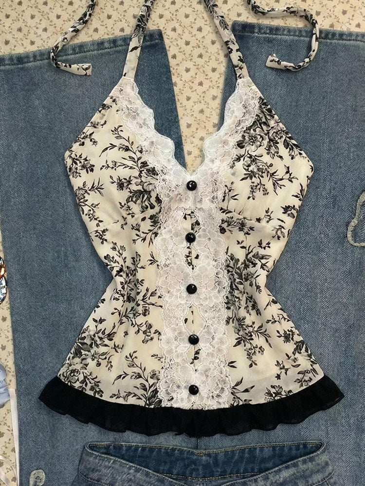 black lace floral halter top - Image 2