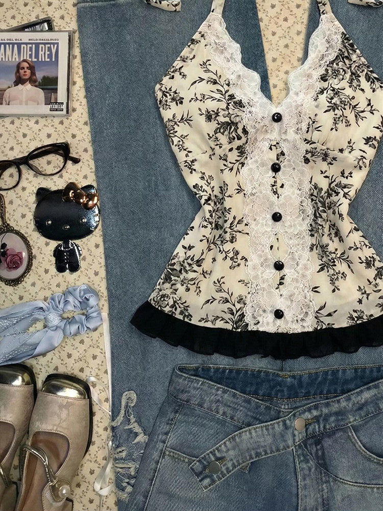 black lace floral halter top - Image 4