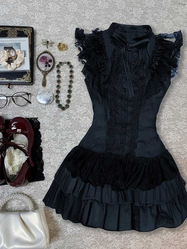 Black Lace Patchwork Shirt Dress - Image 4