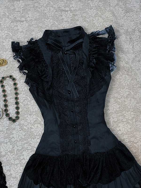 Black Lace Patchwork Shirt Dress - Image 5
