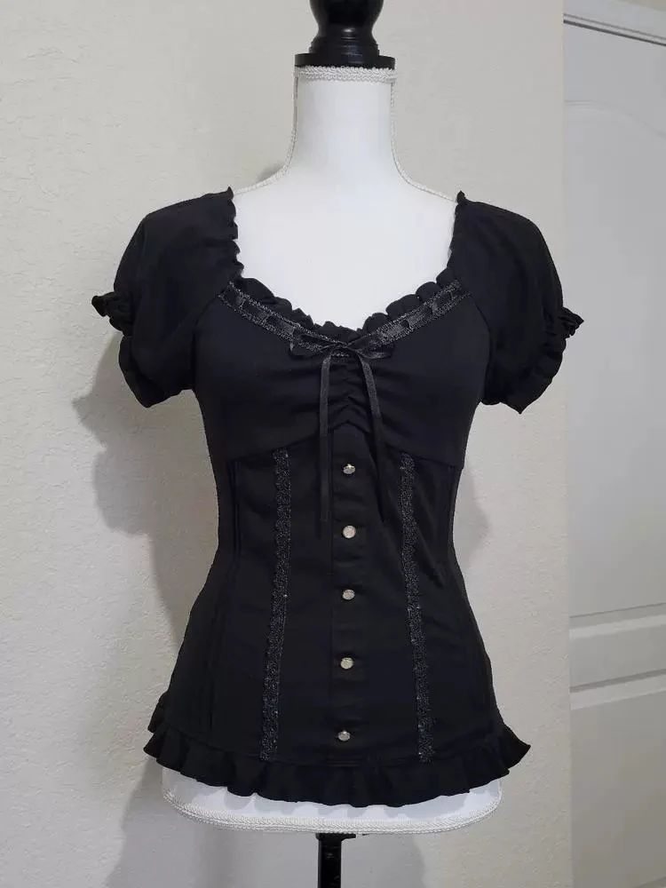 Black lace puff sleeve T-shirt - Image 3