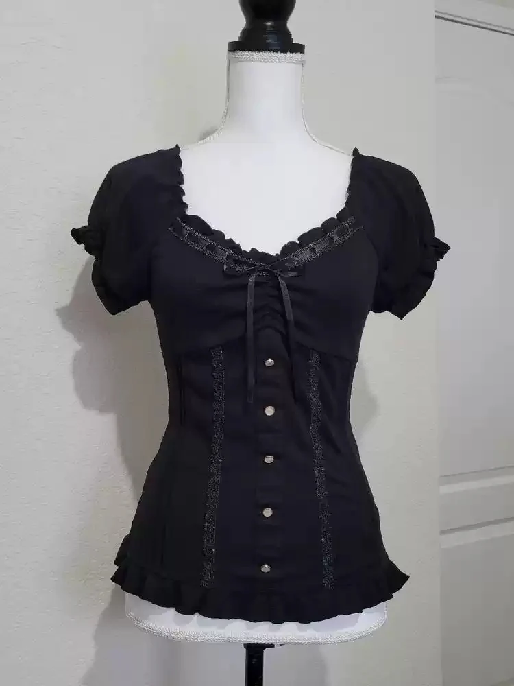 Black lace puff sleeve T-shirt - Image 4