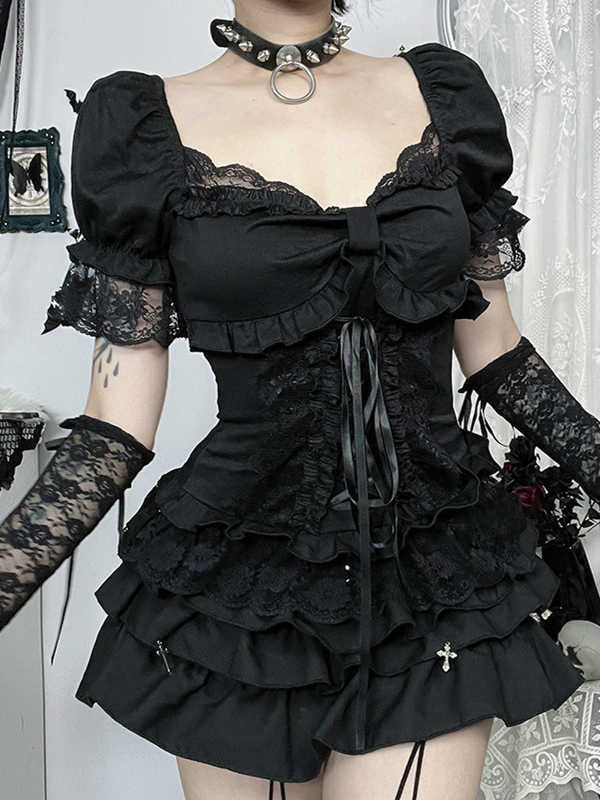 Black Lace Puff-sleeved Top - Image 2