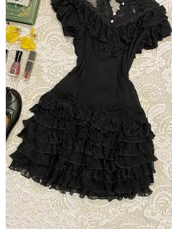 Black lace stand-up collar short-sleeved shirt - Image 4