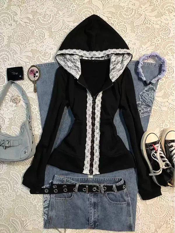 Black lace stitching sweatshirt jacket