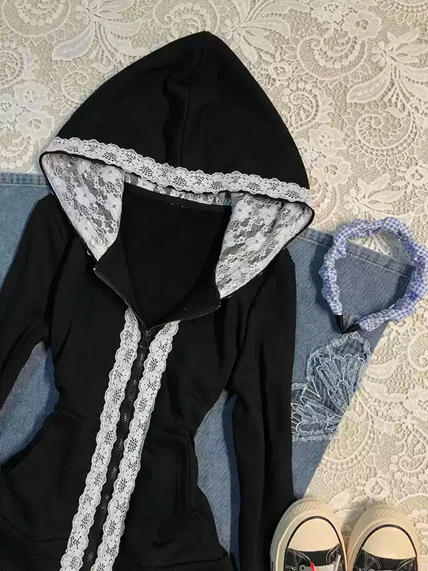 Black lace stitching sweatshirt jacket - Image 2