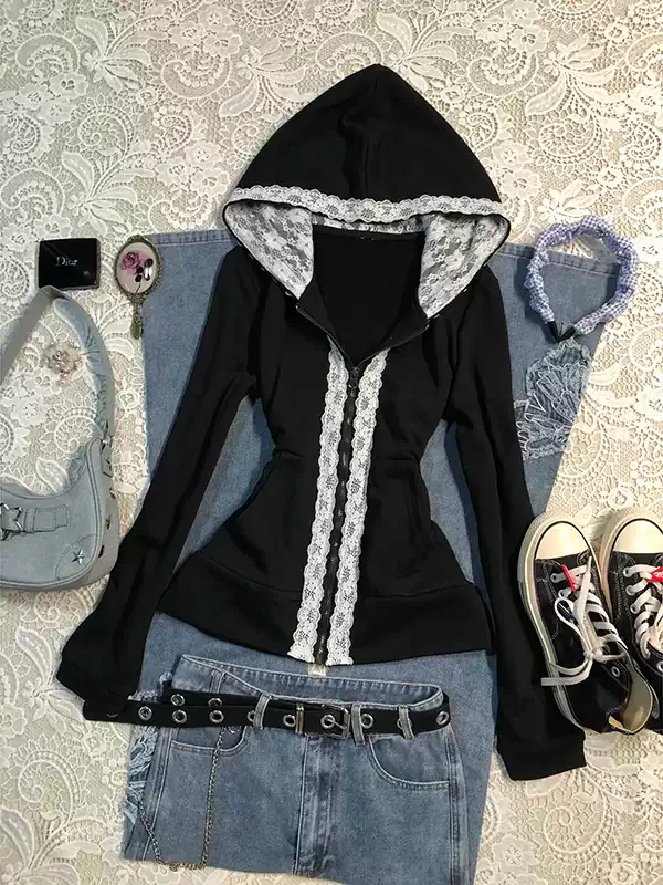 Black lace stitching sweatshirt jacket - Image 3